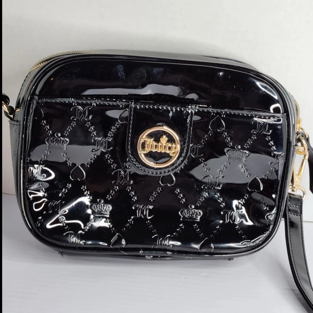 Juicy Couture Black Patent Crossbody Purse Gold Logo Faux Leather Embossed Bag
